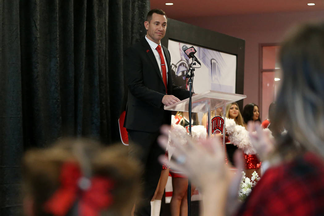 UNLV's new football head coach Marcus Arroyo speaks during a press conference at UNLV's Fertitt ...