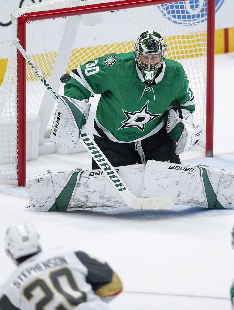 Dallas Stars goaltender Ben Bishop (30) is unable to stop a shot from Vegas Golden Knights forw ...