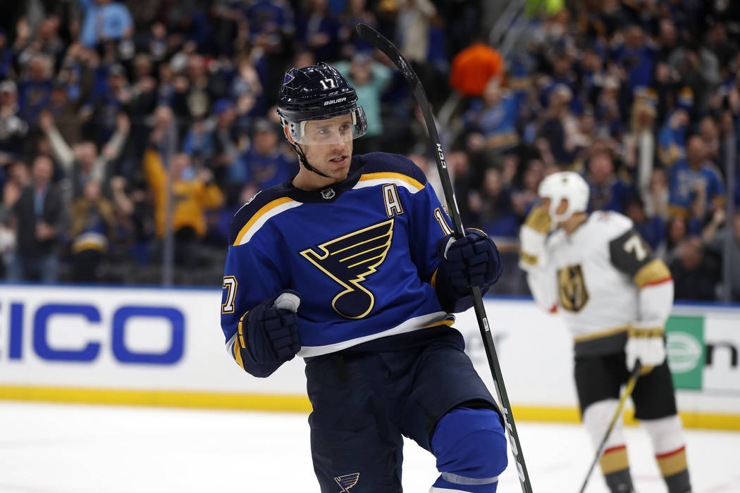 St. Louis Blues' Jaden Schwartz celebrates after scoring during the second period of an NHL hoc ...