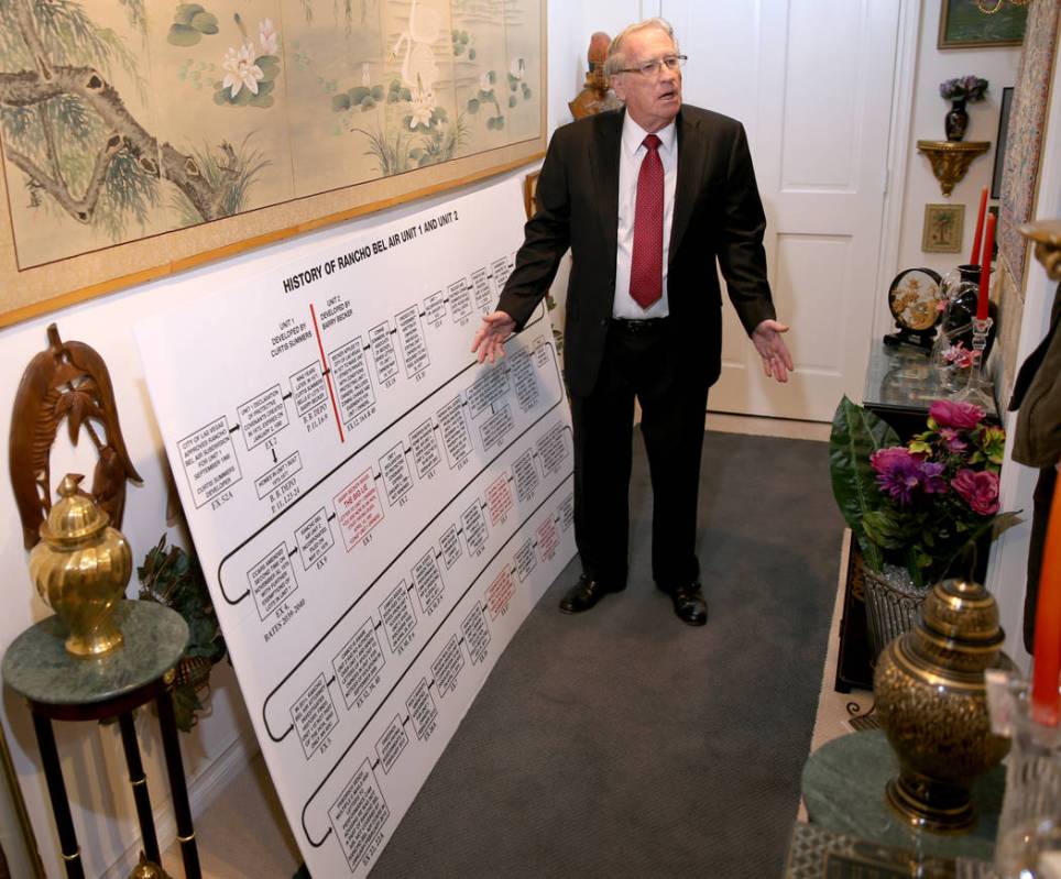 Jonathan Friedrich shows a timeline of the Rancho Bel Air neighborhood during an interview in h ...