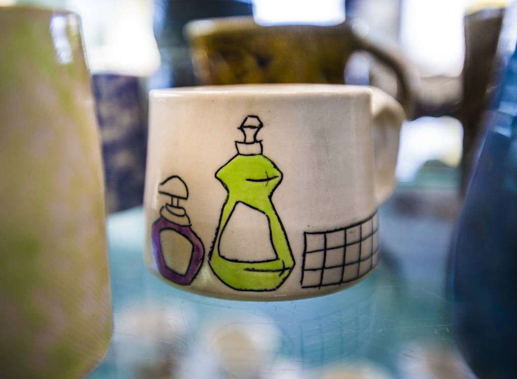 Hand-crafted mugs at Clay Arts Vegas on Thursday, Dec. 12, 2019, in Las Vegas. (Benjamin Hager/ ...