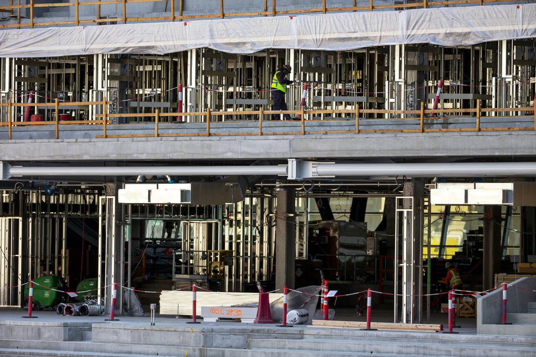 Work continues on the interior rooms during an Allegiant Stadium tour on Monday, Nov. 25, 2019, ...