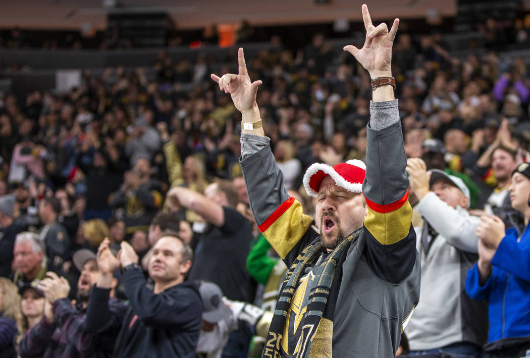 Vegas Golden Knights fans celebrate another goal over the Vancouver Canucks during the second ...