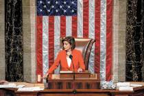House Speaker Nancy Pelosi of Calif. gavels as the House votes 232-196 to pass resolution on im ...