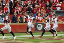 Atlanta Falcons' Olamide Zaccheaus (17) celebrates after scoring against the San Francisco 49er ...