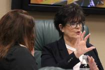 Nevada State Board of Dental Examiners Executive Director, Debra Shaffer-Kugel, right, speaks a ...