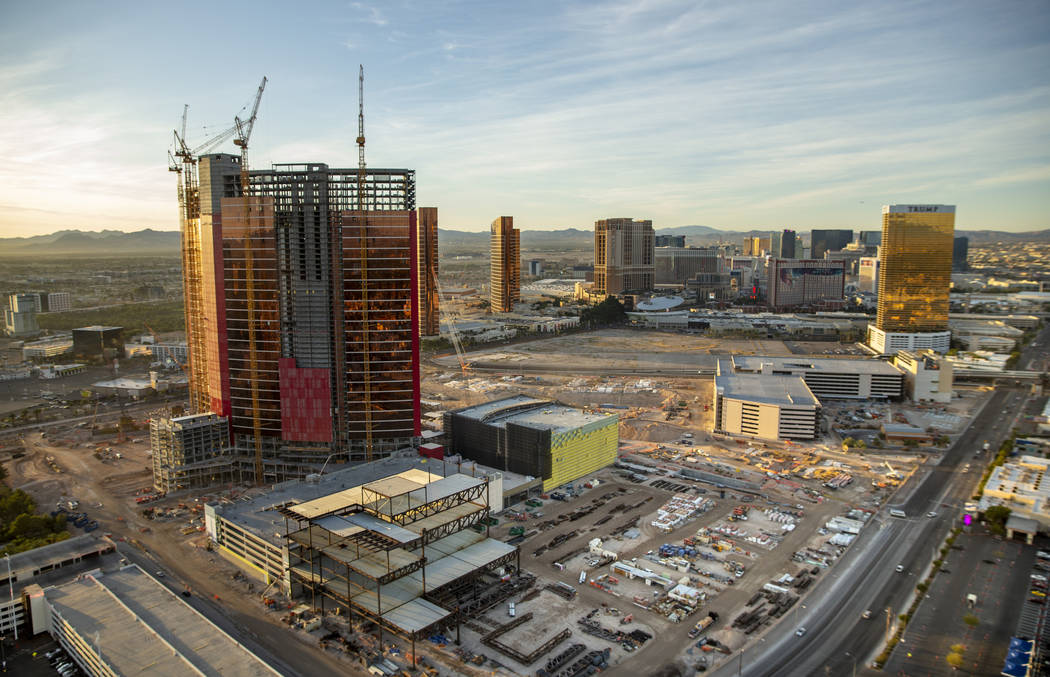 Resorts World under construction during an aerial photo on Wednesday, Oct. 16, 2019, in Las Veg ...