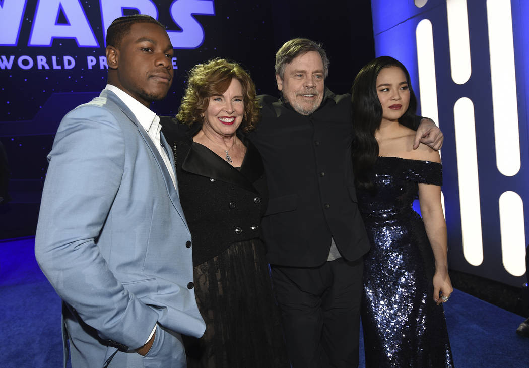 John Boyega, from left, Marilou York, Mark Hamill and Kelly Marie Tran arrive at the world prem ...