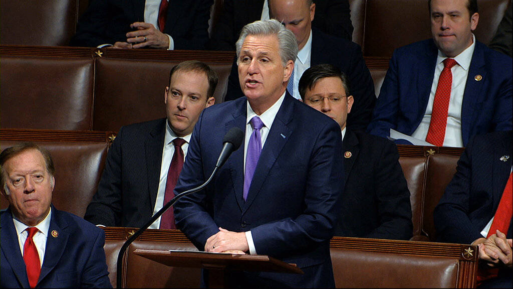 House Minority Leader Kevin McCarthy of Calif., speaks as the House of Representatives begins d ...