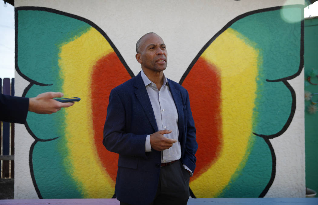 Democratic presidential candidate former Massachusetts Gov. Deval Patrick speaks with the media ...