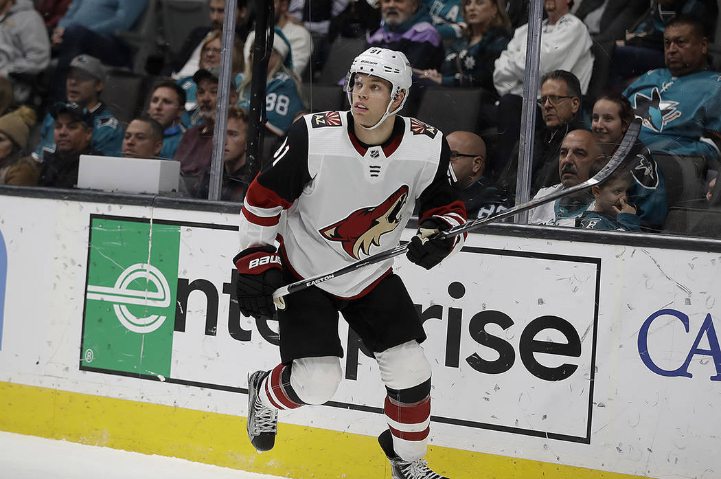 Arizona Coyotes' Taylor Hall in action against the San Jose Sharks in the second period of an N ...