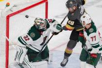 Vegas Golden Knights left wing William Carrier (28) assist's on a goal against Minnesota Wild g ...