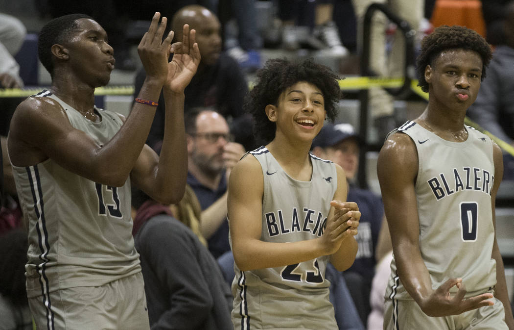 Sierra Canyon freshman guard Bronny James (0), right, son of Los Angeles Lakers star forward Le ...