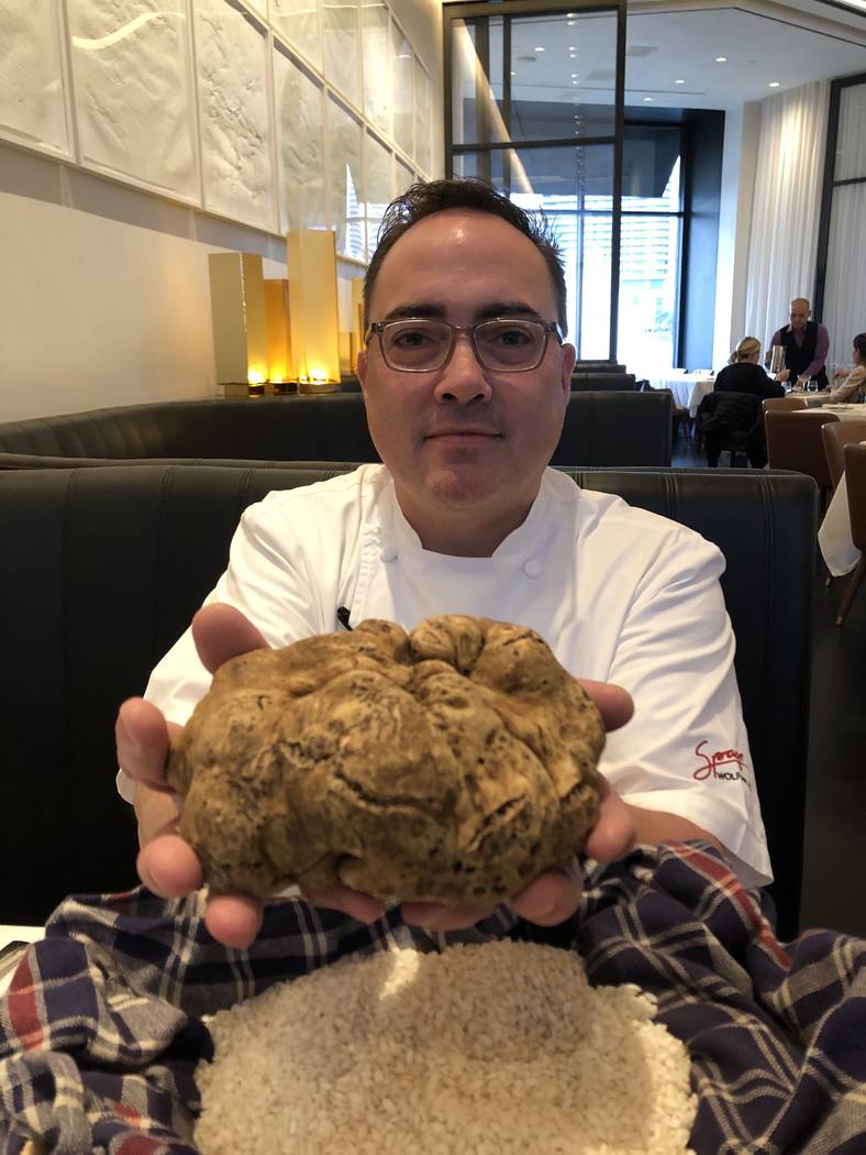 Spago chef Mark Andelbradt holds a two-pound white truffle. (Al Mancini, Las Vegas Review-Journal)