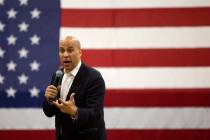 Democratic presidential candidate Cory Booker speaks at Cheyenne High School on Wednesday, Dec. ...