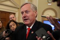 Rep. Mark Meadows, R- N.C., speaks to reporters as the hearing with top U.S. diplomat in Ukrain ...