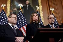 Speaker of the House Nancy Pelosi, D-Calif., flanked by House Judiciary Committee Chairman Jerr ...