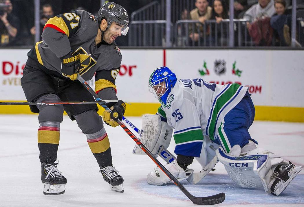 Vegas Golden Knights left wing Max Pacioretty (67) scores his second of the night on Vancouver ...