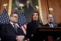 Speaker of the House Nancy Pelosi, D-Calif., flanked by House Judiciary Committee Chairman Jerr ...