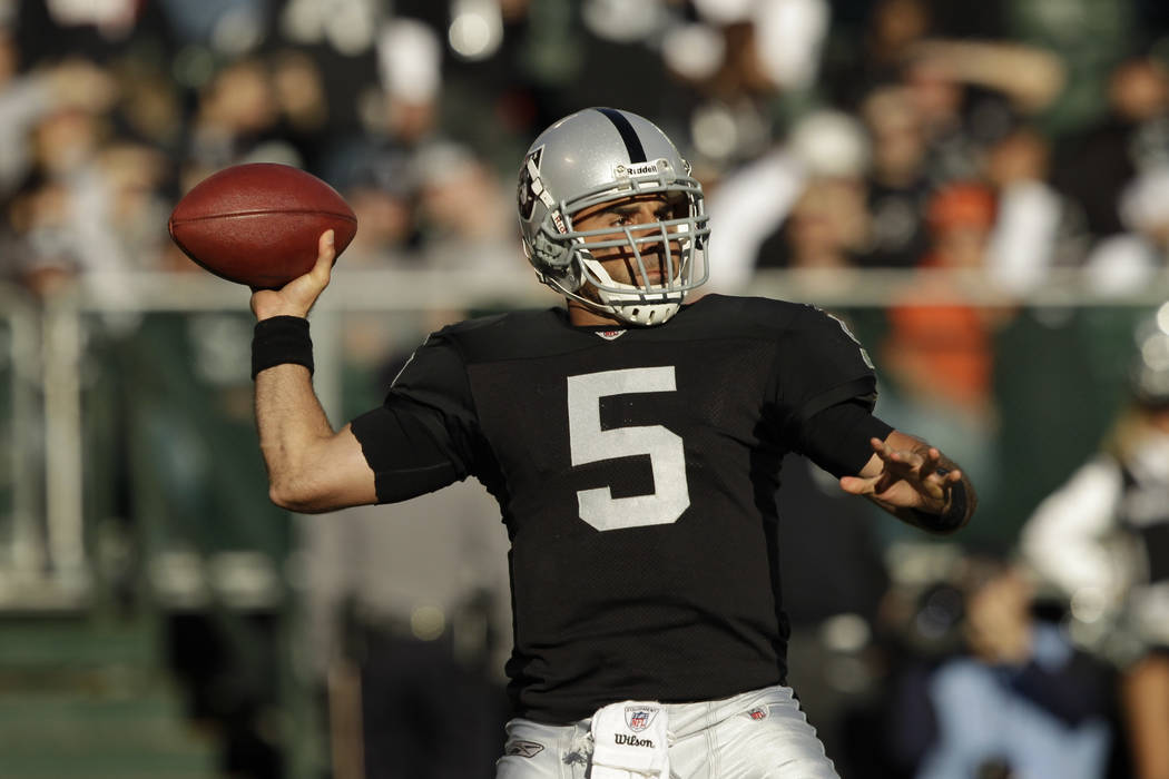 Oakland Raiders quarterback Bruce Gradkowski (5) in the fourth quarter of an NFL football game ...