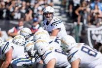 Los Angeles Chargers quarterback Philip Rivers (17) calls a play at the line of scrimmage durin ...