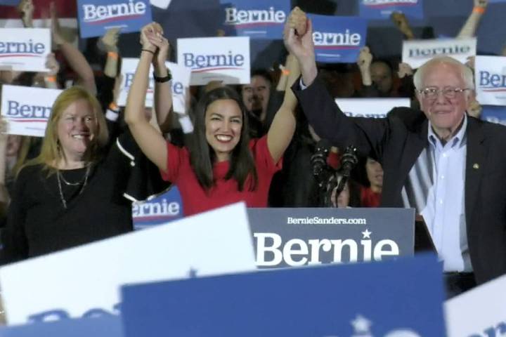 Democratic presidential candidate Sen. Bernie Sanders, I-Vt., right, Rep. Alexandria Ocasio-Cor ...