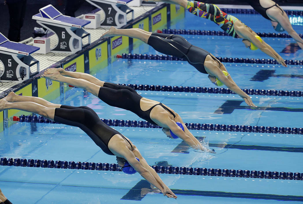 Competitors start the women's 200-meter freestyle during an International Swimming League event ...