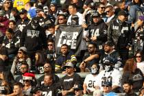 Oakland Raiders fans hold signs up during the first half of an NFL game against the Los Angeles ...