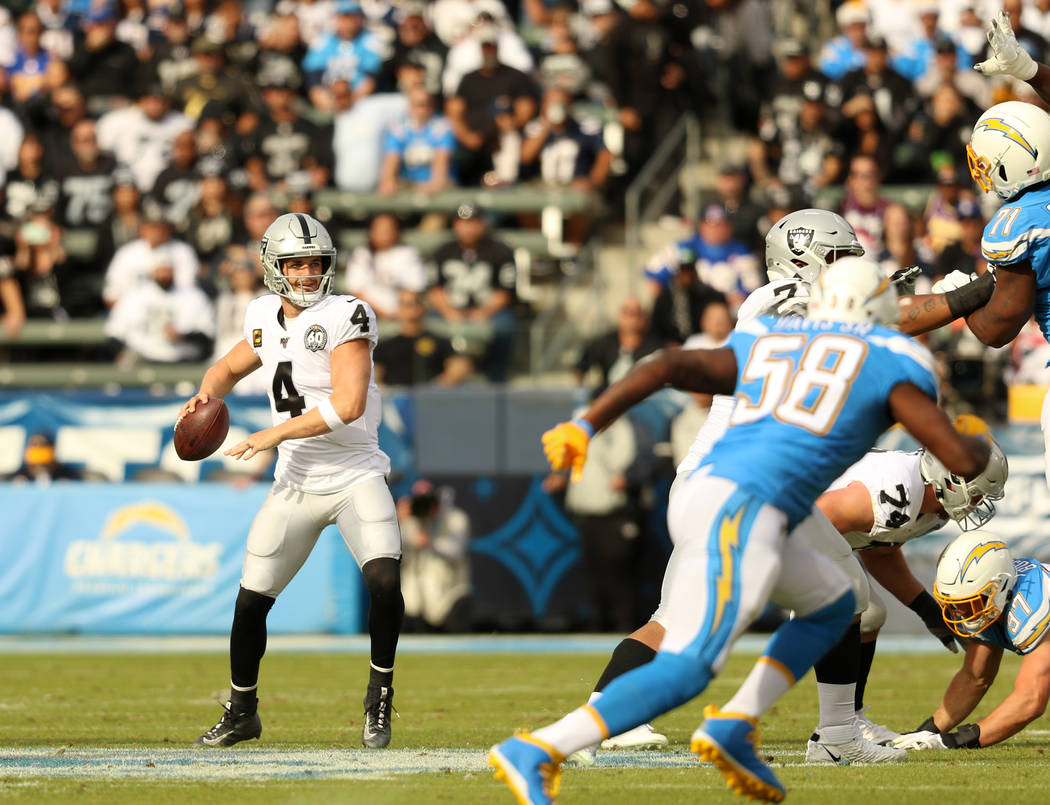 Oakland Raiders quarterback Derek Carr (4) prepares to throw as offensive tackle Denzelle Good ...