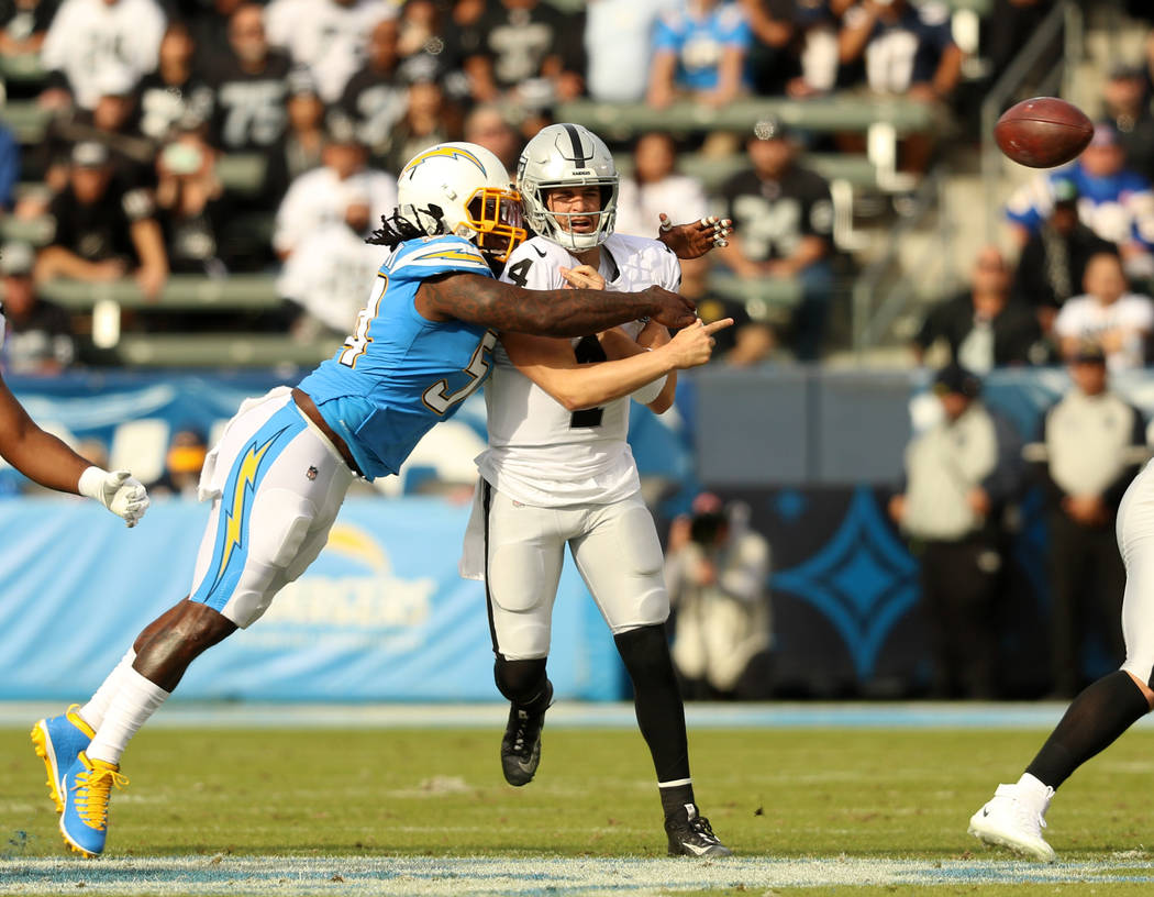 Los Angeles Chargers defensive end Melvin Ingram (54) pressures Oakland Raiders quarterback Der ...