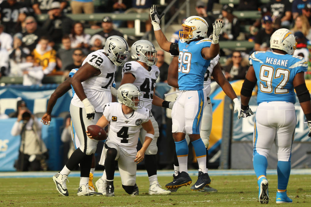 Los Angeles Chargers defensive tackle Jerry Tillery (99) celebrates a sack of Oakland Raiders q ...