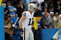 Oakland Raiders wide receiver Hunter Renfrow (13) celebrates after scoring a touchdown against ...