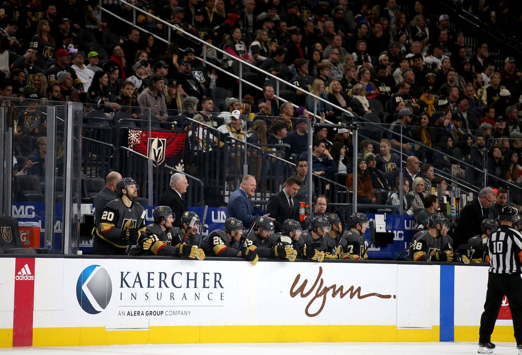 The Vegas Golden Knights bench during the third period of an NHL hockey game Monday, Dec. 23, 2 ...
