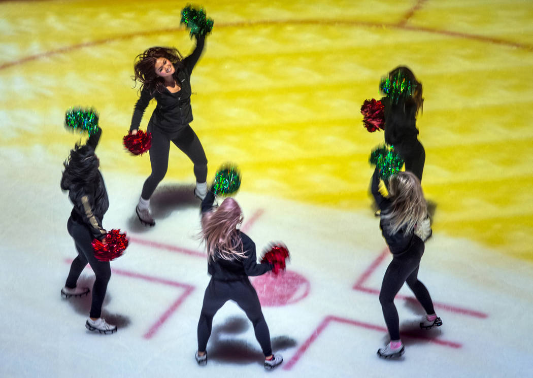 The Vegas Vivas practice a routine on the ice during a rehearsal for the Vegas Golden Knights h ...
