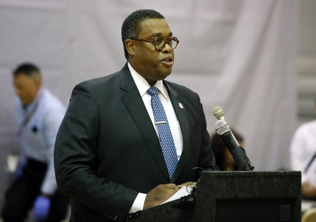 Las Vegas City Ward 5 councilman Cedric Crear speaks during a press conference at the Dula Gym ...