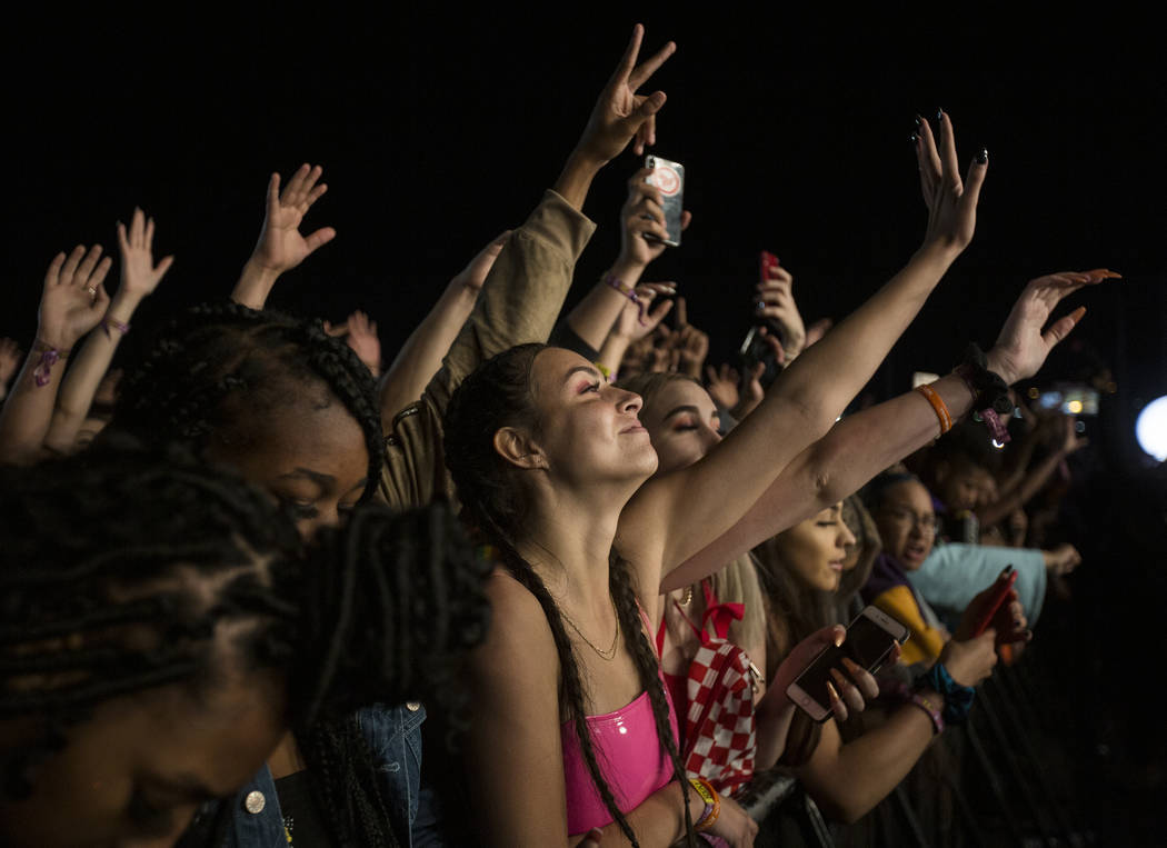 Fans cheer for Lil Uzi Vert on the Roll the Dice stage during the Day N Vegas music festival on ...