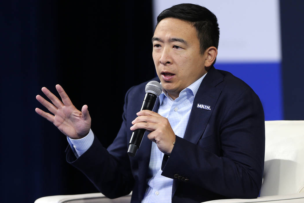 Democratic presidential candidate Andrew Yang speaks during the 2020 presidential gun safety fo ...