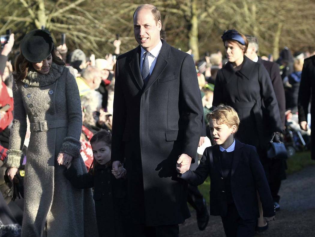 From left, Kate, Duchess of Cambridge, Britain's Prince William and their children Prince Georg ...