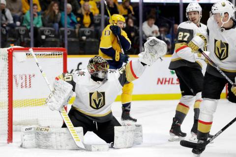 Vegas Golden Knights goaltender Malcolm Subban (30) reaches for a shot in the second period of ...