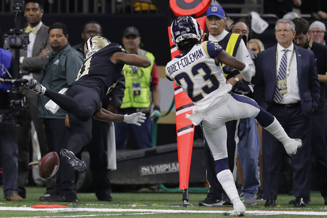 New Orleans Saints wide receiver Tommylee Lewis (11) misses the catch against Los Angeles Rams ...