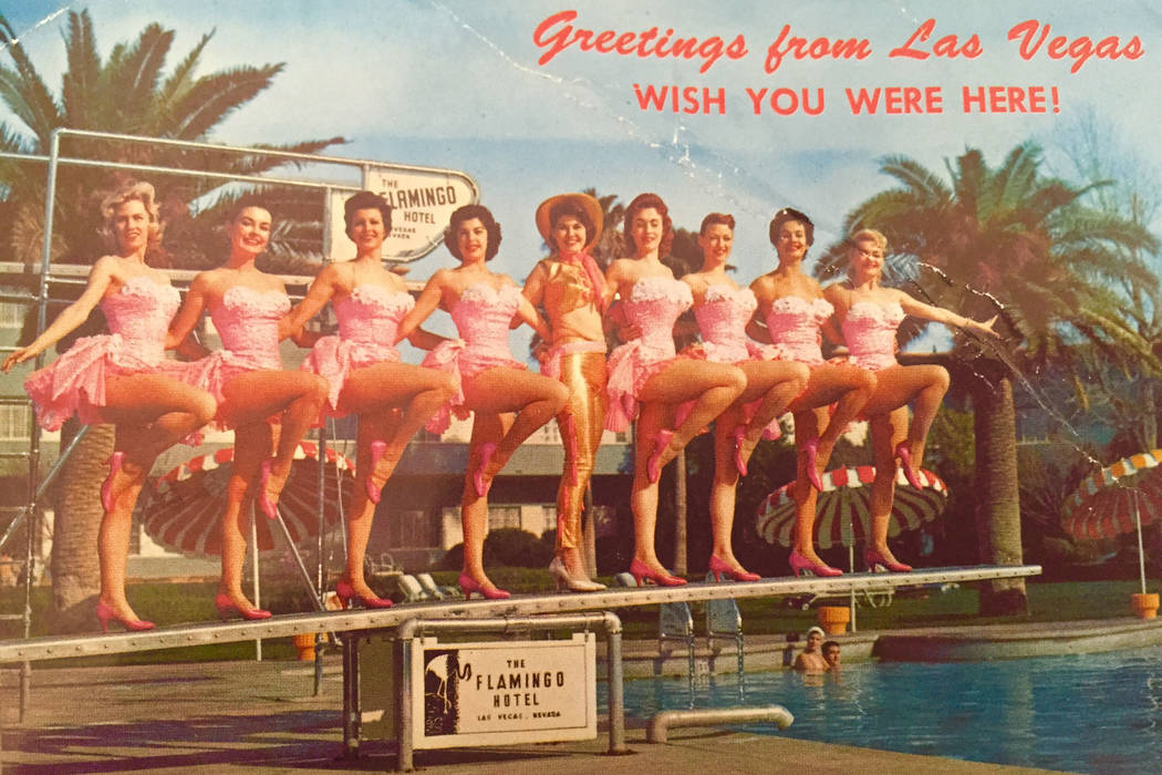 A vintage Flamingo Hotel Las Vegas postcard shows Gloria Mancilla in the far right side. Mancil ...