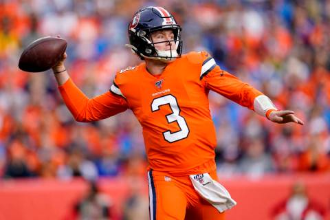 Denver Broncos quarterback Drew Lock (3) throws against the Detroit Lions during the first half ...