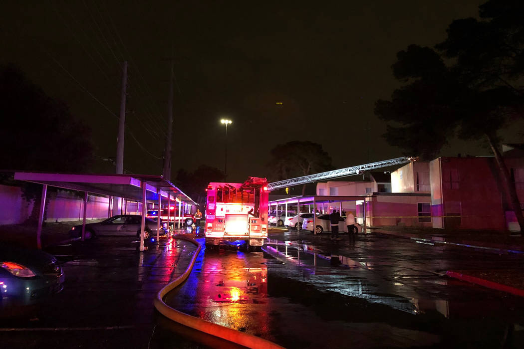 Firefighters respond to a blaze Thursday, Dec. 26, 2019, at the Rancho Verde Apartments, 98 S. ...