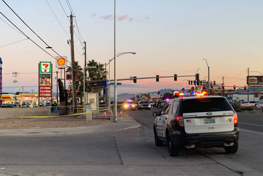 Las Vegas police respond to the scene of a shooting in the 4100 block of Boulder Highway on Fri ...
