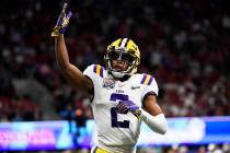 LSU wide receiver Justin Jefferson (2) celebrates his touchdown against Oklahoma during the fir ...