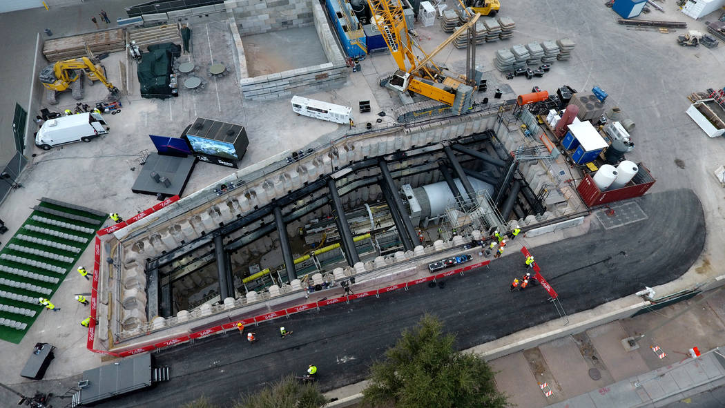 An aerial view of a tunnel boring machine is seen at the construction site during a media tour ...