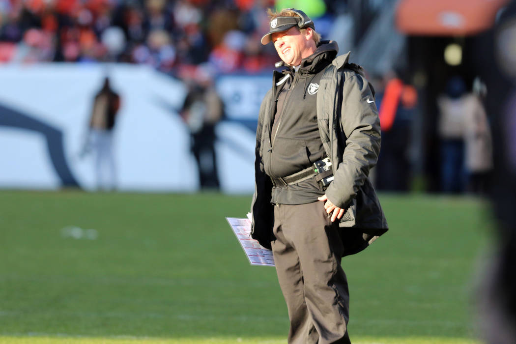 Oakland Raiders head coach Jon Gruden watches a replay of a touchdown scored by wide receiver H ...
