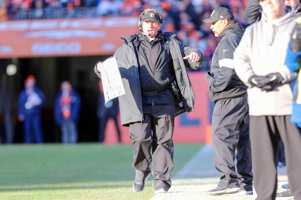 Oakland Raiders head coach Jon Gruden reacts to referees upholding that fullback Alec Ingold (4 ...
