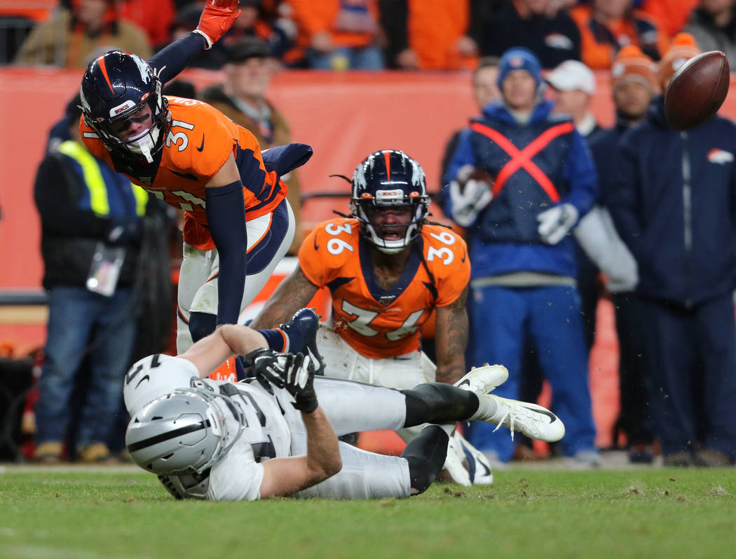 Denver Broncos defensive back Trey Marshall (36) and free safety Justin Simmons (31) react as O ...