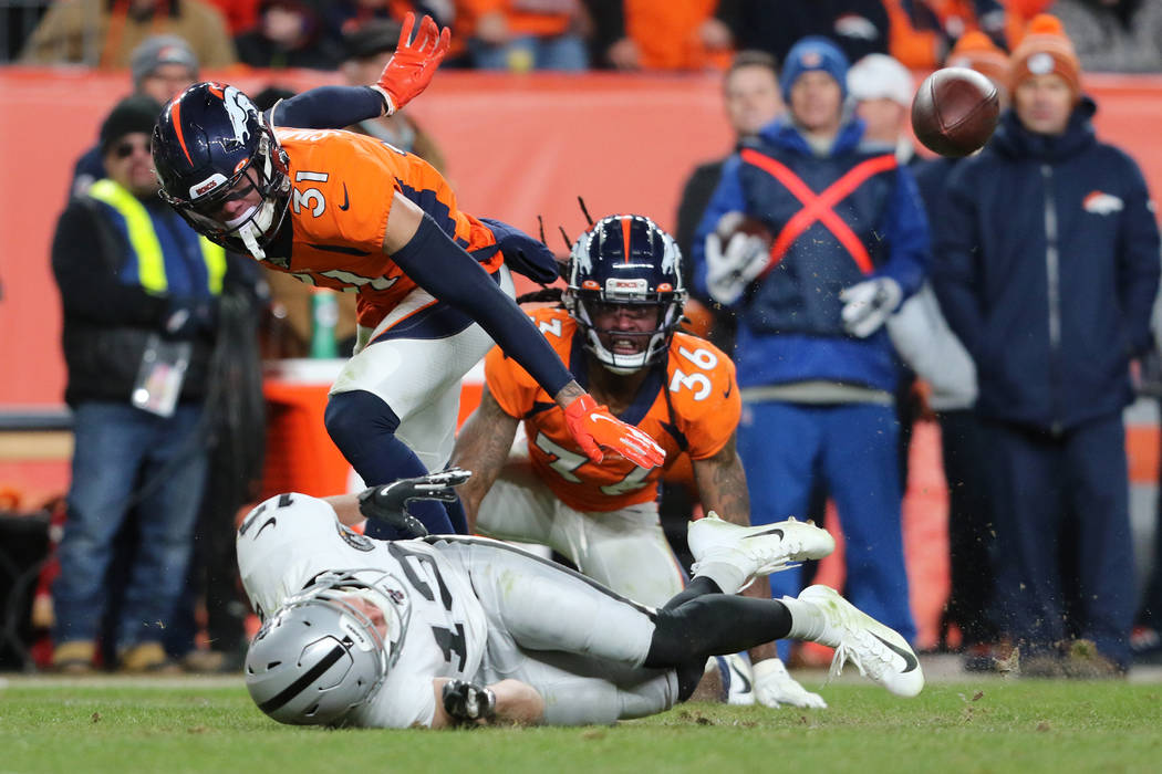 Denver Broncos defensive back Trey Marshall (36) and free safety Justin Simmons (31) react as O ...